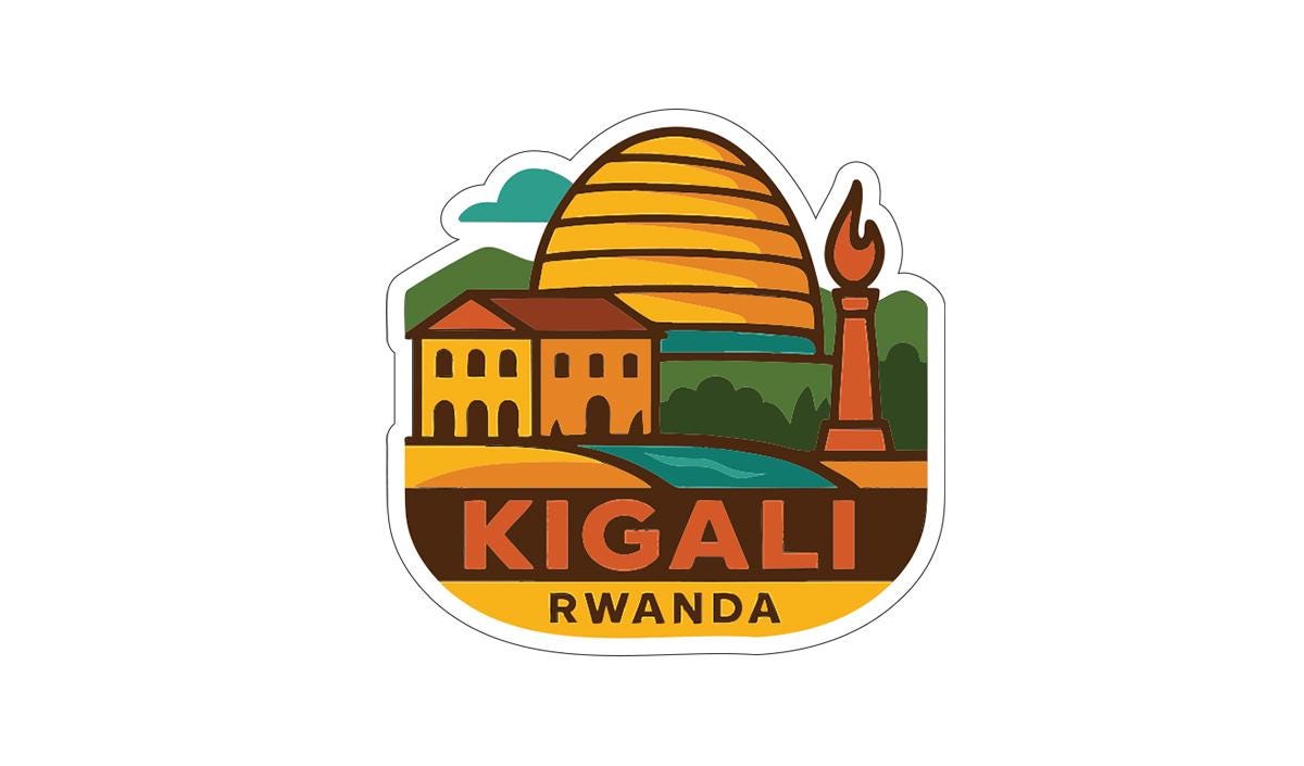 a stylized illustration of a cityscape with a large dome-shaped structure, a building, and a tower, along with the text "KIGALI RWANDA" prominently displayed.