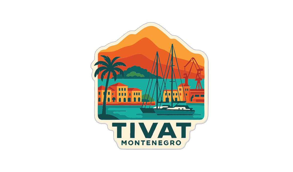 a sticker or logo depicting a scenic view of Tivat, Montenegro. The background shows a picturesque coastal landscape with a mountain range, palm trees, and a harbor with boats. The text "TIVAT MONTEGRO" is prominently displayed, indicating the location of the image.