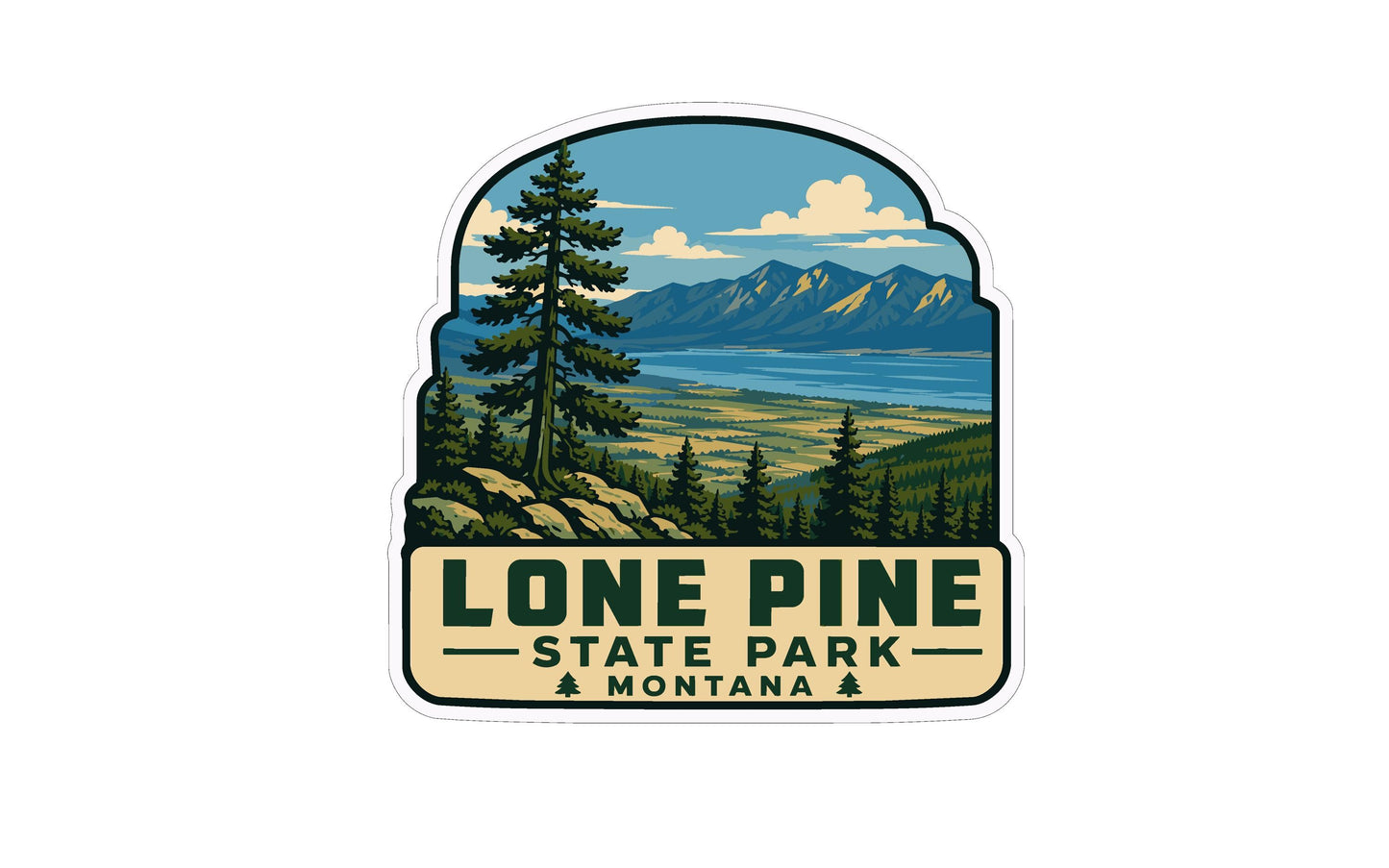 A sticker or emblem featuring a scenic landscape with mountains, pine trees, and a lake, with the text "Lone Pine State Park Montana" prominently displayed.