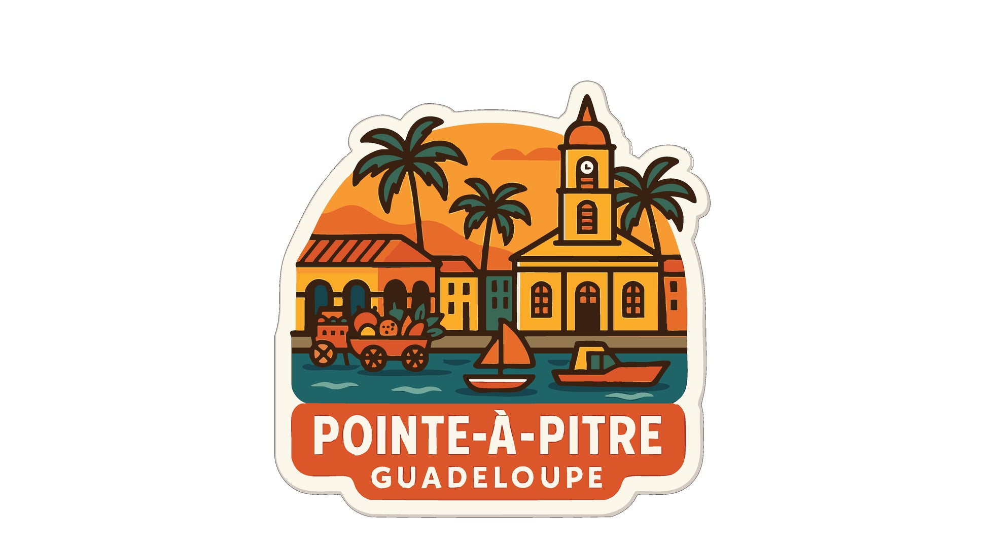 a sticker or label with a tropical scene depicting a church, palm trees, boats, and a sunset.