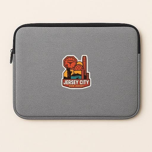 A gray laptop sleeve with a colorful graphic of Jersey City, New Jersey, featuring a clock, a building, and a sunset.