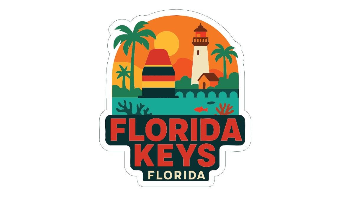 A sticker or logo depicting a tropical scene with a lighthouse, palm trees, and a sunset, representing the state of Florida.