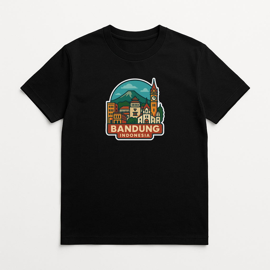 A black t-shirt with a graphic design depicting a cityscape and mountains, along with the text "BANDUNG INDONESIA".