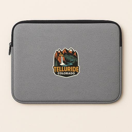 A gray laptop sleeve with a logo for Telluride, Colorado.