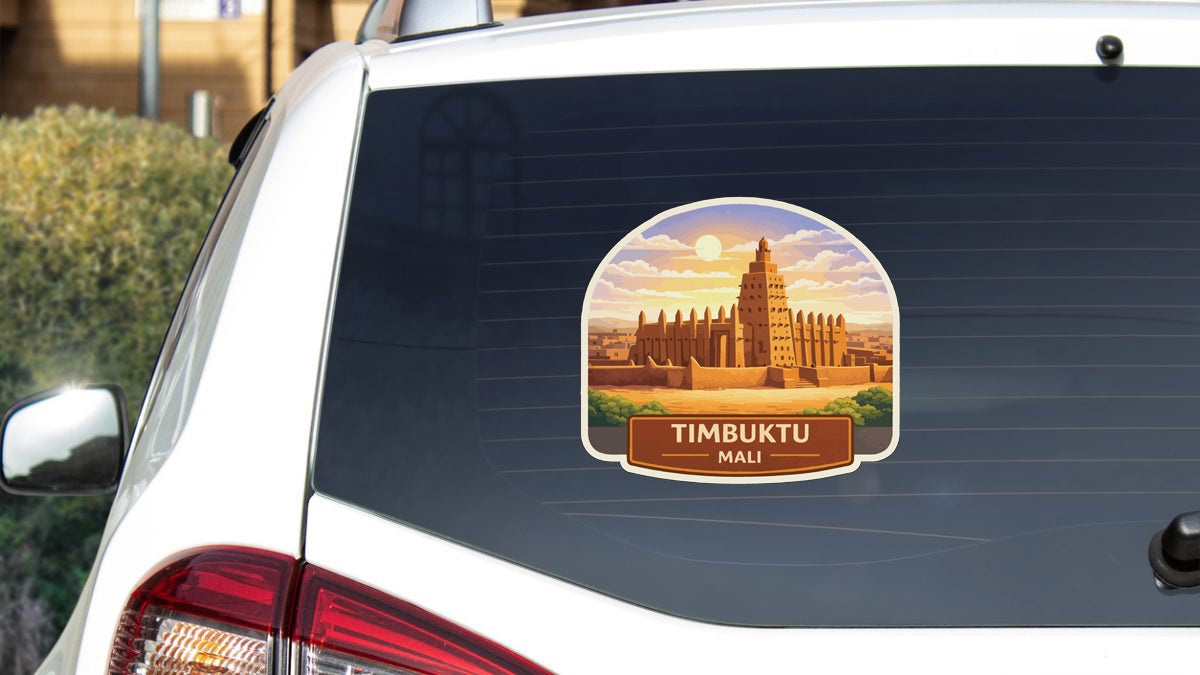 A sticker on the rear window of a car depicting the Timbuktu, the capital city of Mali.