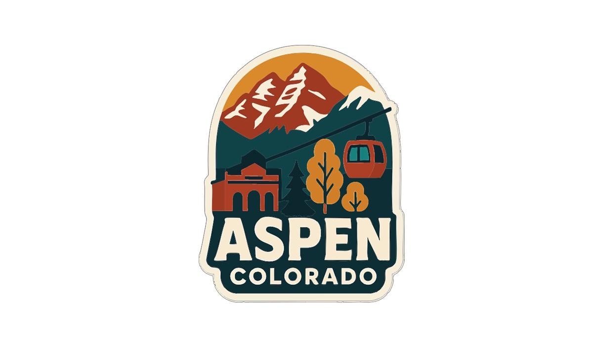 a sticker or logo with a mountain landscape and a ski lift, representing the Aspen, Colorado destination.