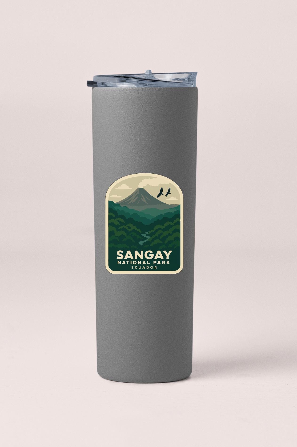 A gray insulated tumbler with a label that says "Sangay National Park Ecuador".