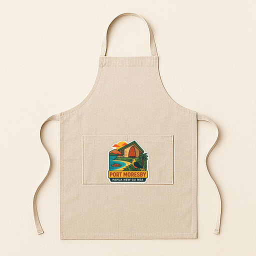 A beige apricot with a graphic design on the front pocket, featuring a house and palm trees.