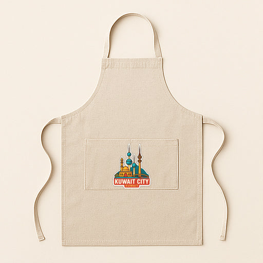 A beige apricot with a graphic of Kuwait City on it.