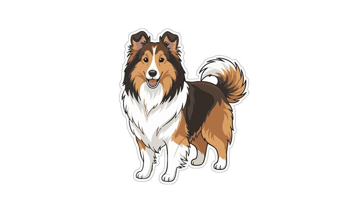 A cartoon illustration of a happy, smiling dog with a wagging tail.