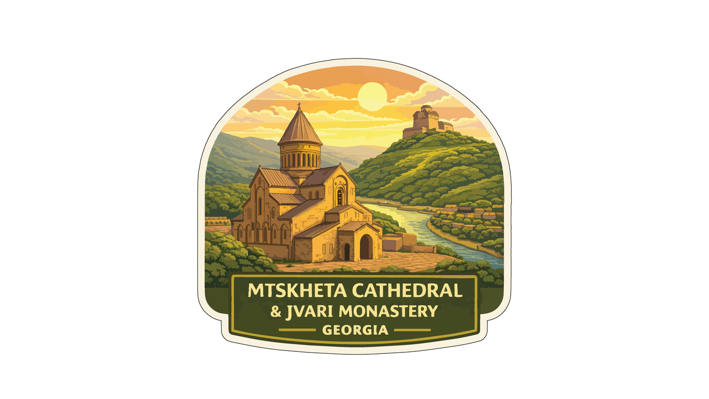 a sticker or label with an illustration of a cathedral and mountains in the background, along with the text "MTSKETA CATERAL & IVARI MONASTERY GEORGIA".