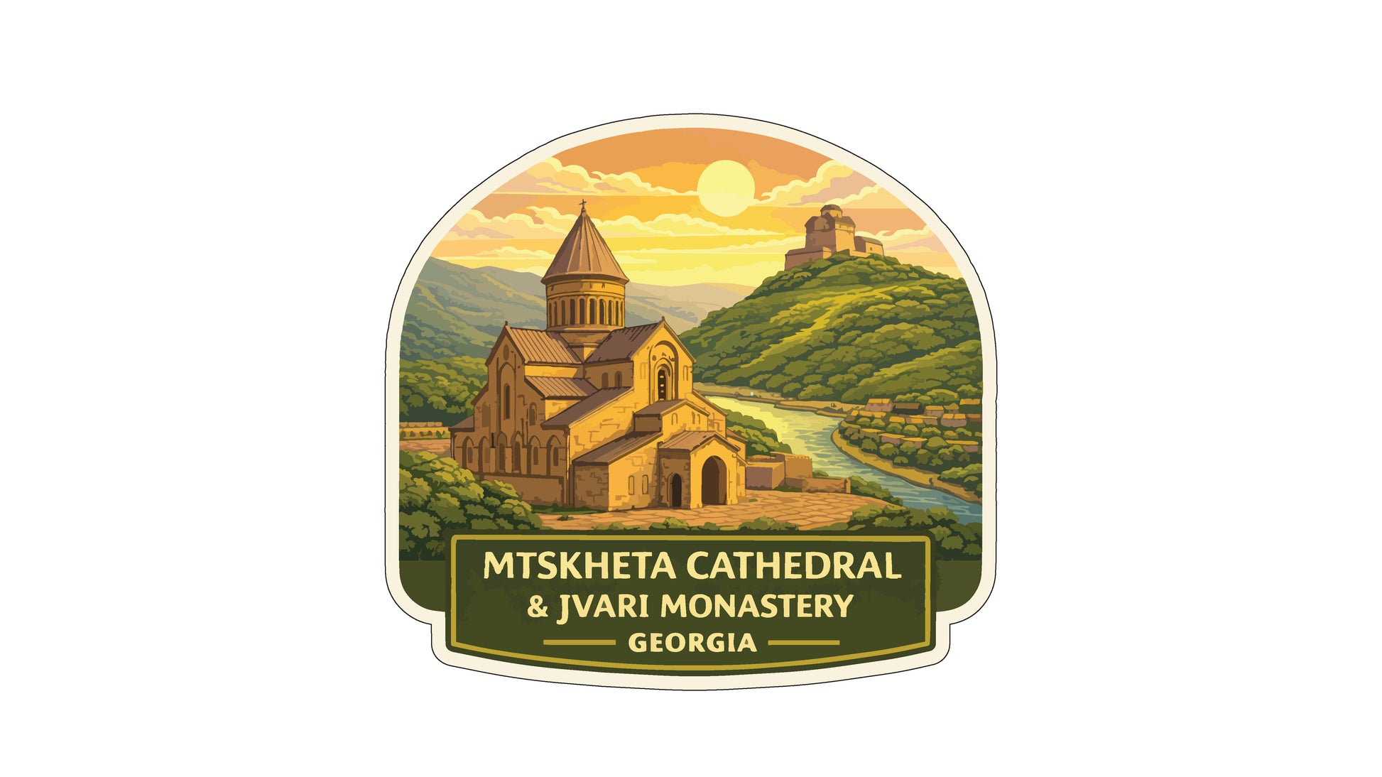 a sticker or label with an illustration of a cathedral and mountains in the background, along with the text "MTSKETA CATERAL & IVARI MONASTERY GEORGIA".