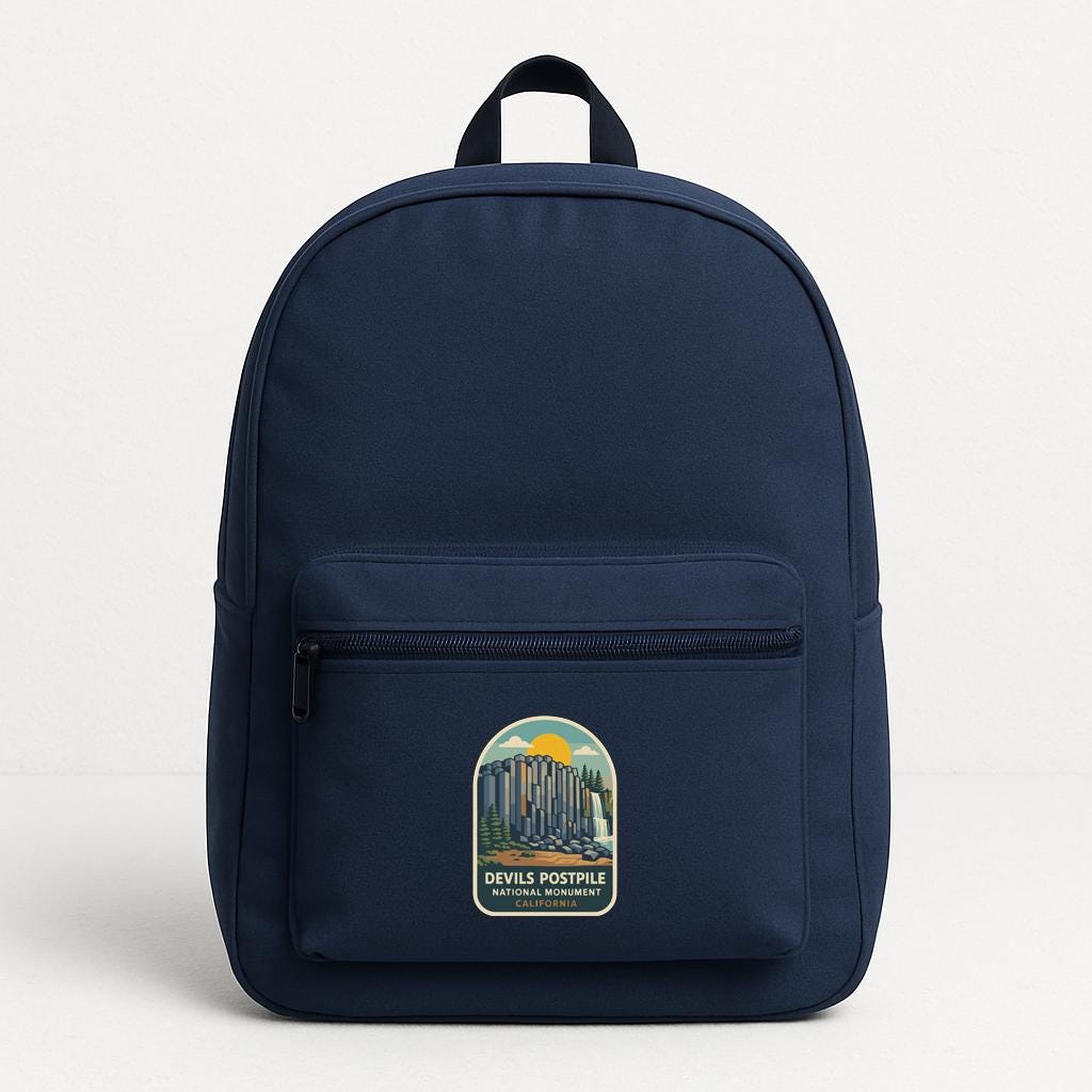 A navy blue backpack with a logo on the front pocket.