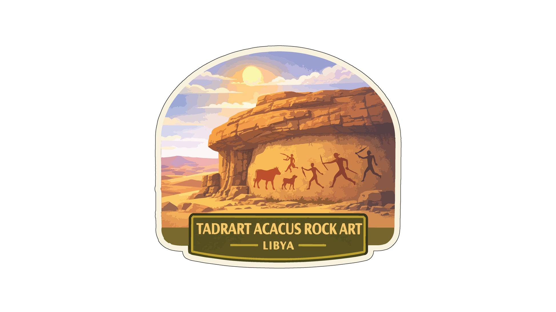 a rock formation with ancient drawings or carvings on it, set against a desert landscape with a sunset in the background.