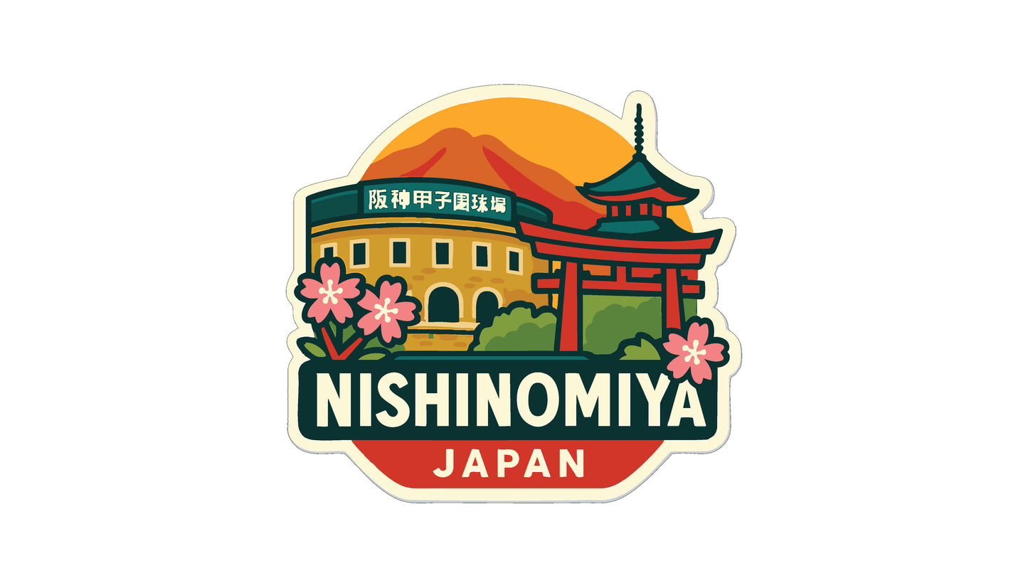 A sticker or emblem featuring the Nishinomiya temple in Japan, with a mountain in the background and pink flowers surrounding the temple.