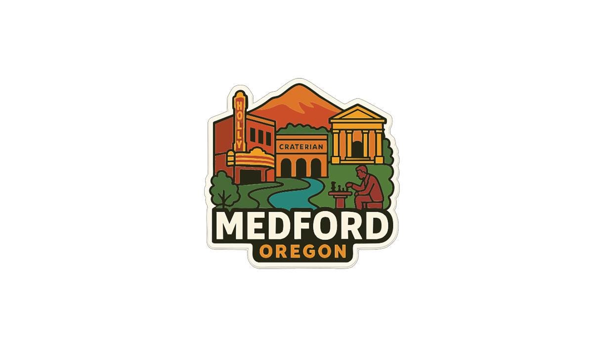 A colorful illustration depicting landmarks and buildings in Medford, Oregon, with the text "MEDFORD OREGON" prominently displayed.