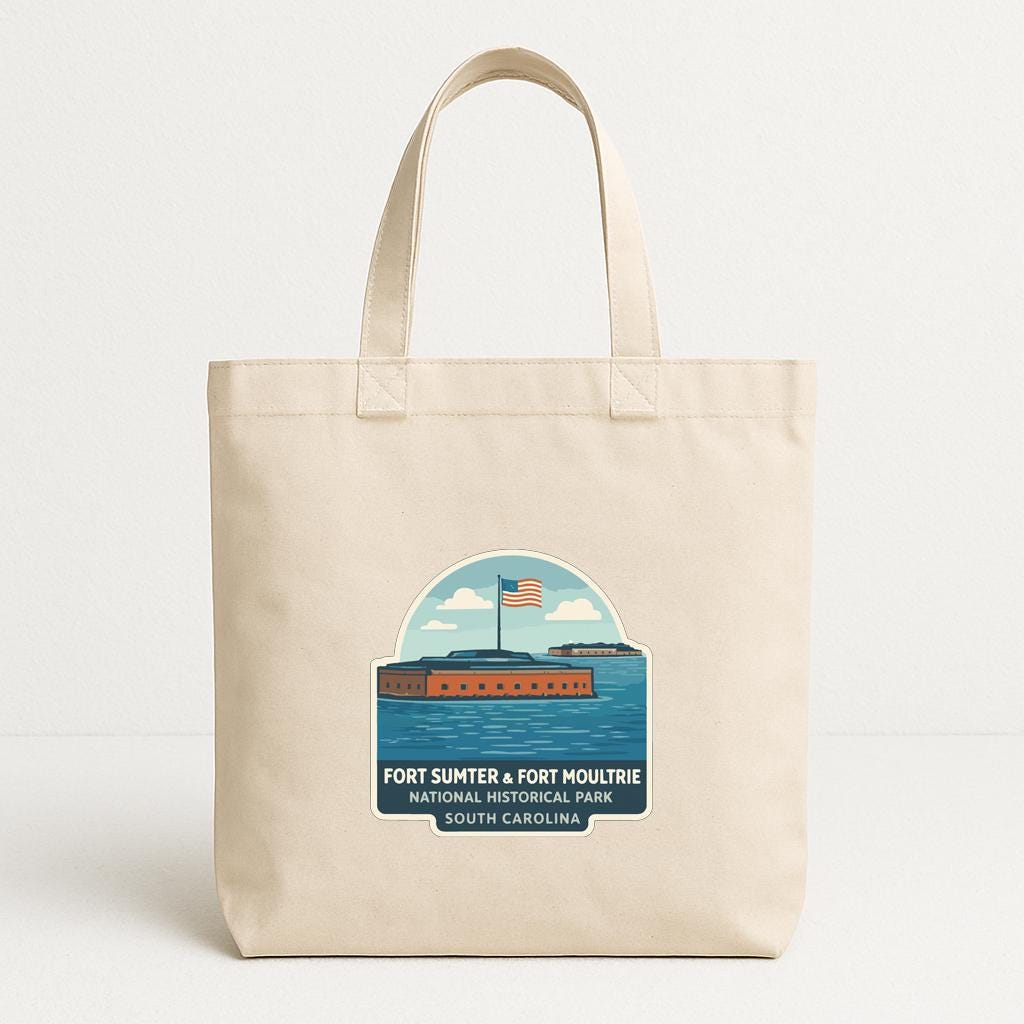 A beige tote bag with a printed label that says "FORT SUMTER & FORT MOULTRE NATIONAL HISTORIC PARK SOUTH CAROLINA".
