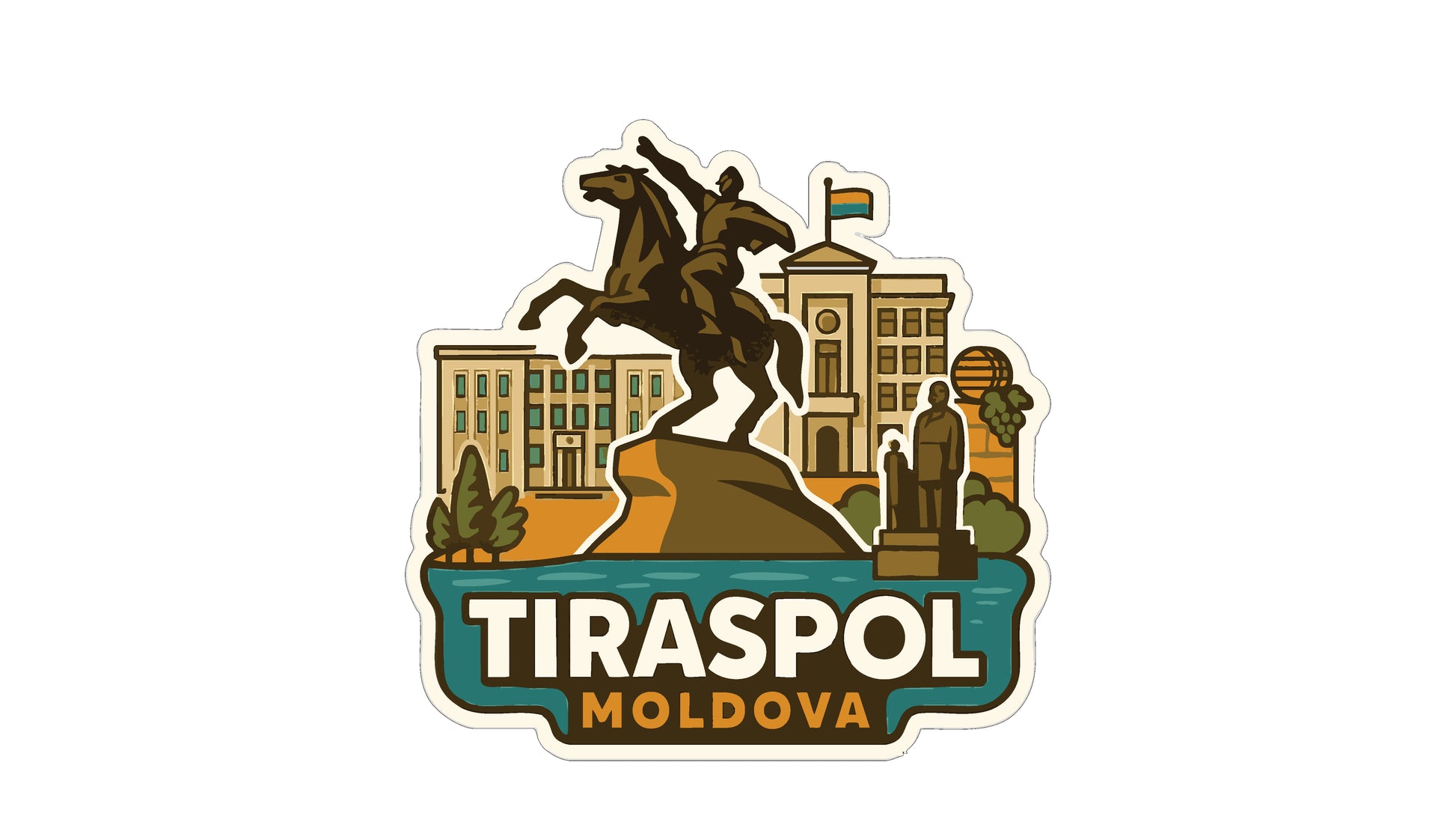 a stylized illustration of a statue of a man on a horse, surrounded by a cityscape with buildings and a river. The text "TIRASPOL MOLDOVA" is prominently displayed, indicating the location or theme of the image.