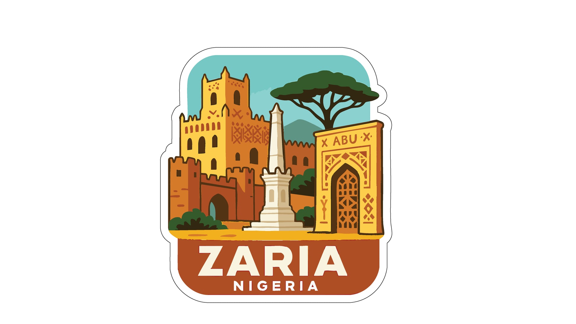 a sticker or illustration of Zaria, Nigeria, showcasing the city's architecture and landmarks.