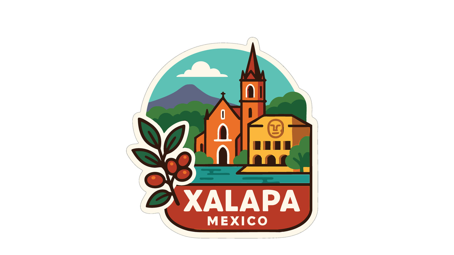 The image is a sticker or emblem featuring a stylized illustration of a town or city, with buildings, a church, and a mountain in the background.