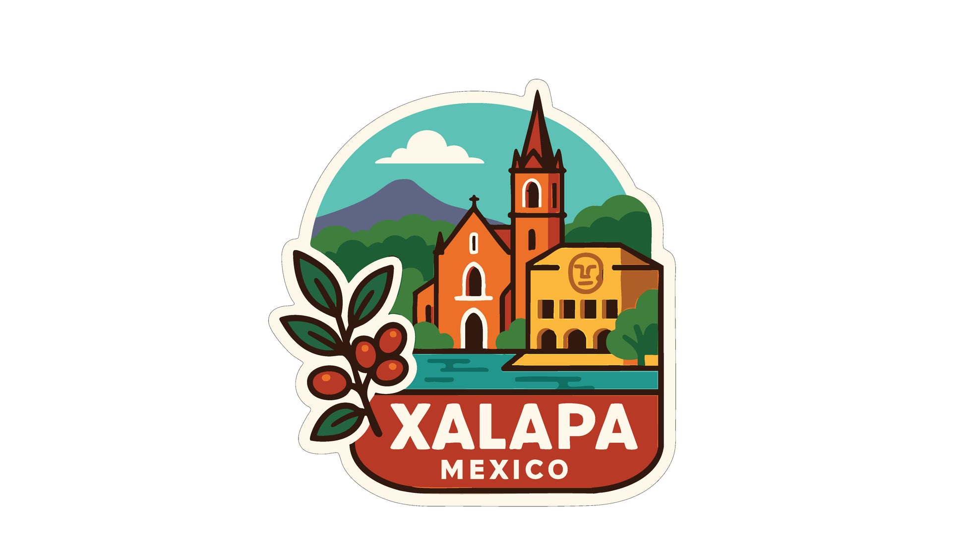 The image is a sticker or emblem featuring a stylized illustration of a town or city, with buildings, a church, and a mountain in the background.