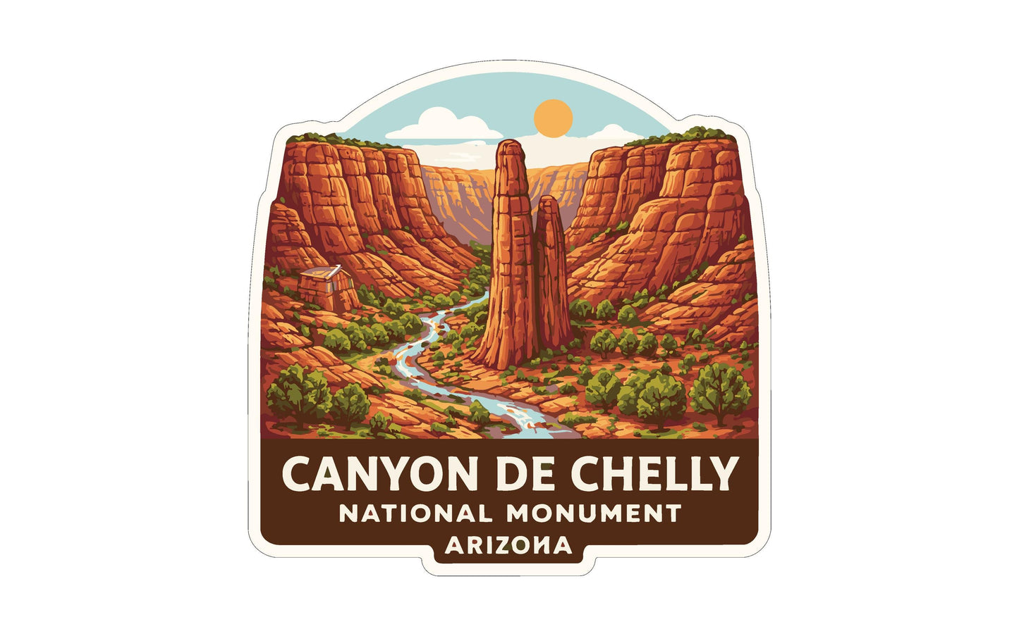 a sticker or label with a scenic illustration of the Canyon de Chelly National Monument in Arizona.