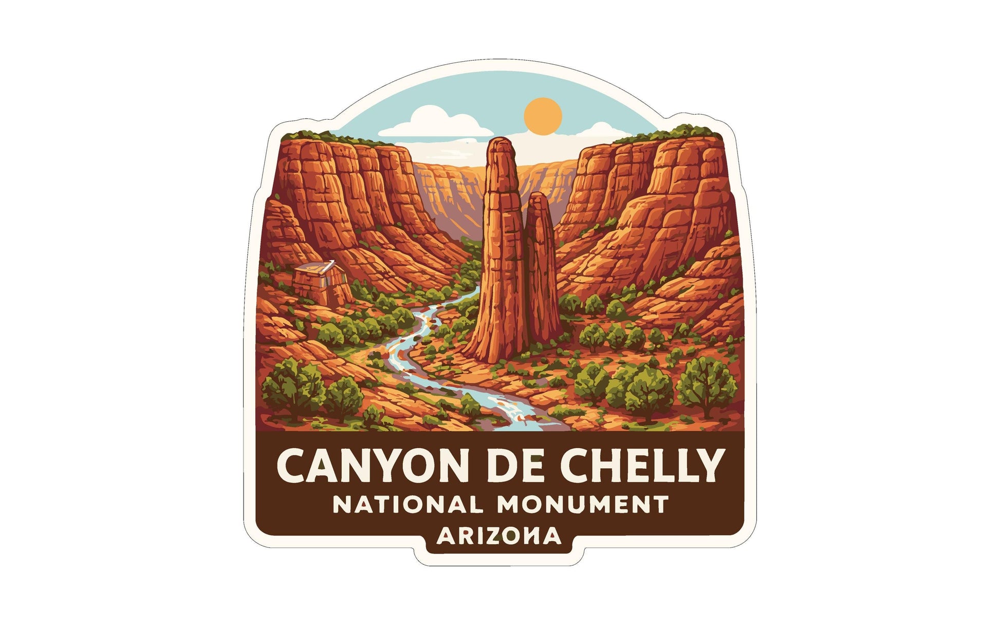 a sticker or label with a scenic illustration of the Canyon de Chelly National Monument in Arizona.