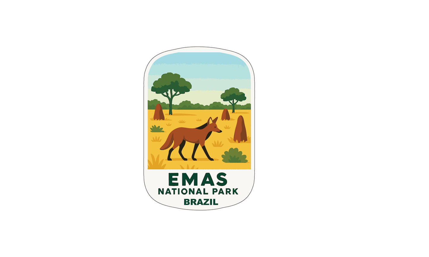 a stylized illustration of a brown fox walking through a grassy field with trees in the background, representing the Emas National Park in Brazil.