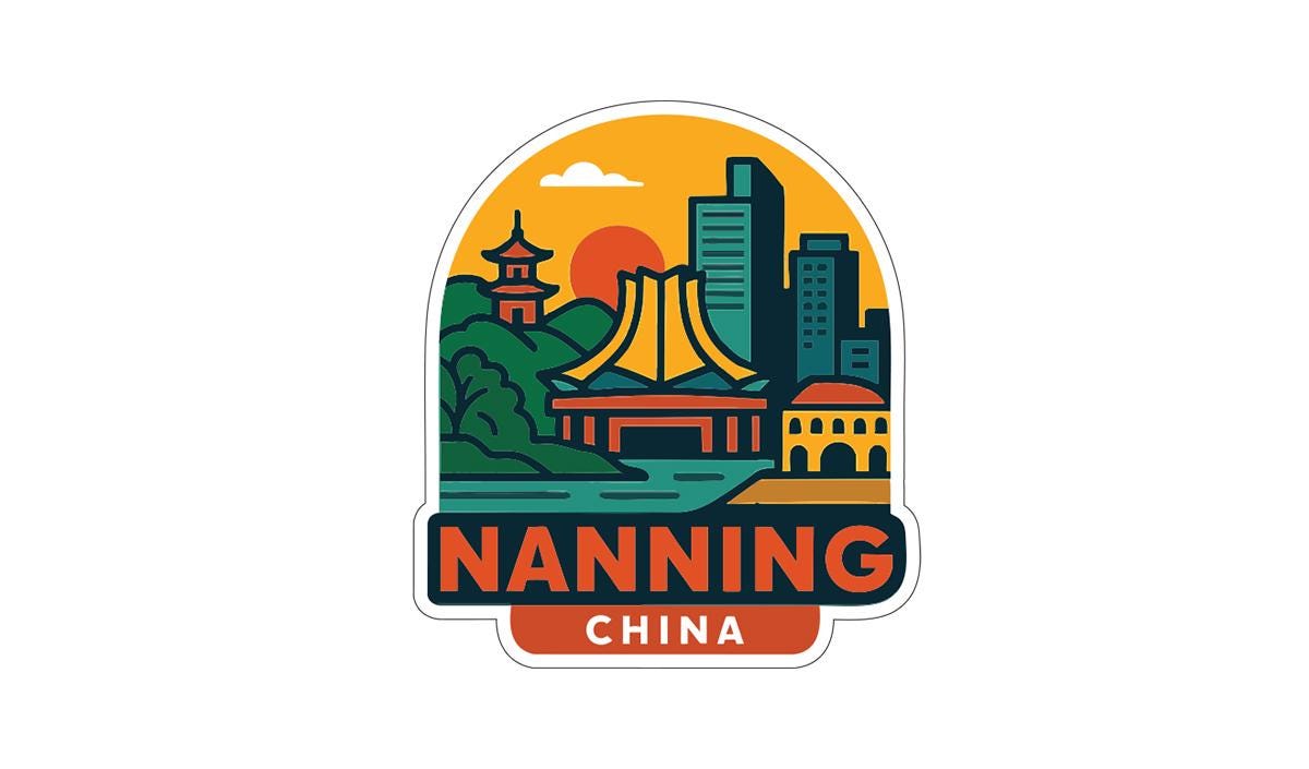 a sticker or logo with a stylized illustration of a city skyline, including a pagoda, buildings, and a sunset. The text "NANNING CHINA" is prominently displayed, indicating the location or name of the city.