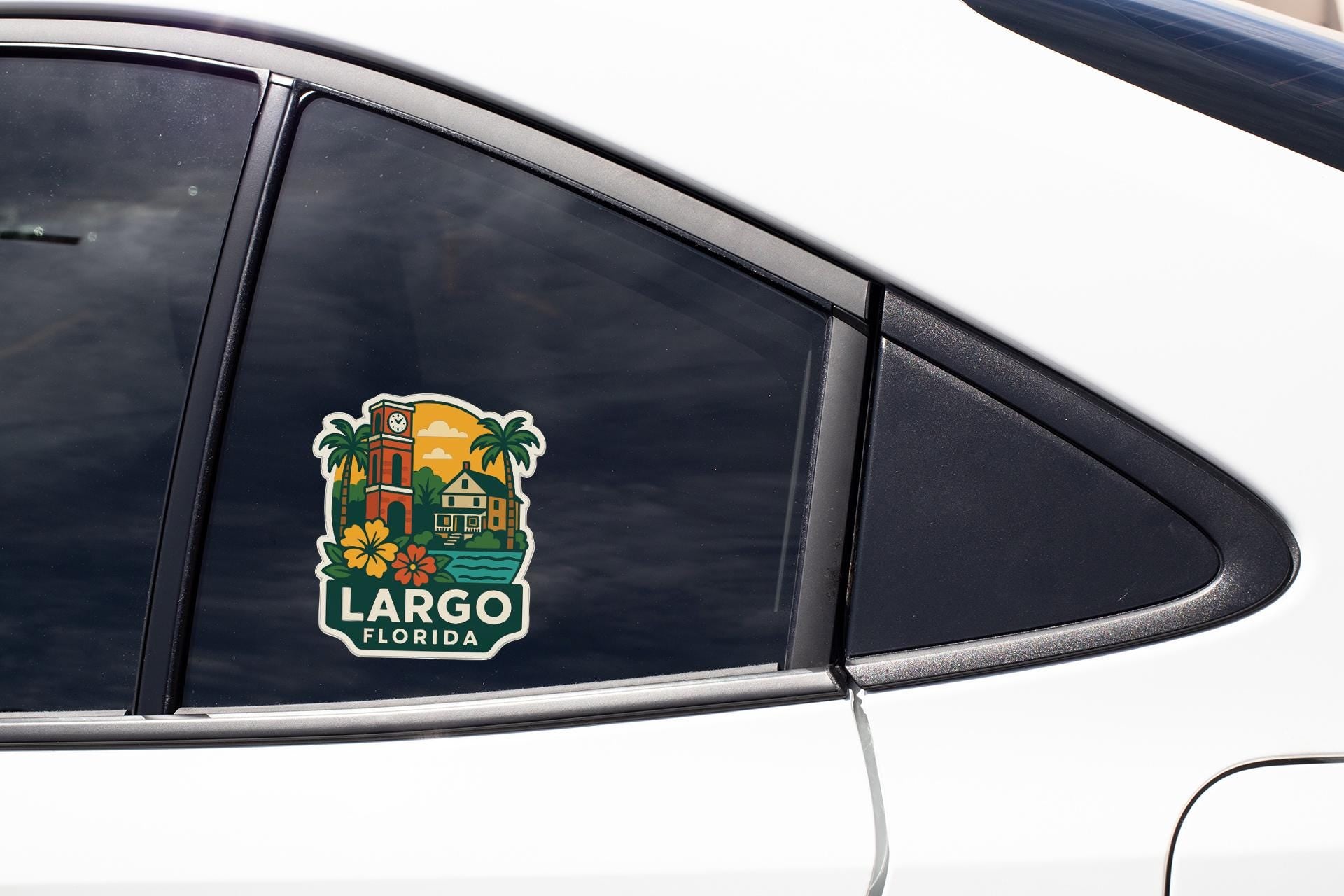 A sticker on the side of a car window that says "Largo, Florida".