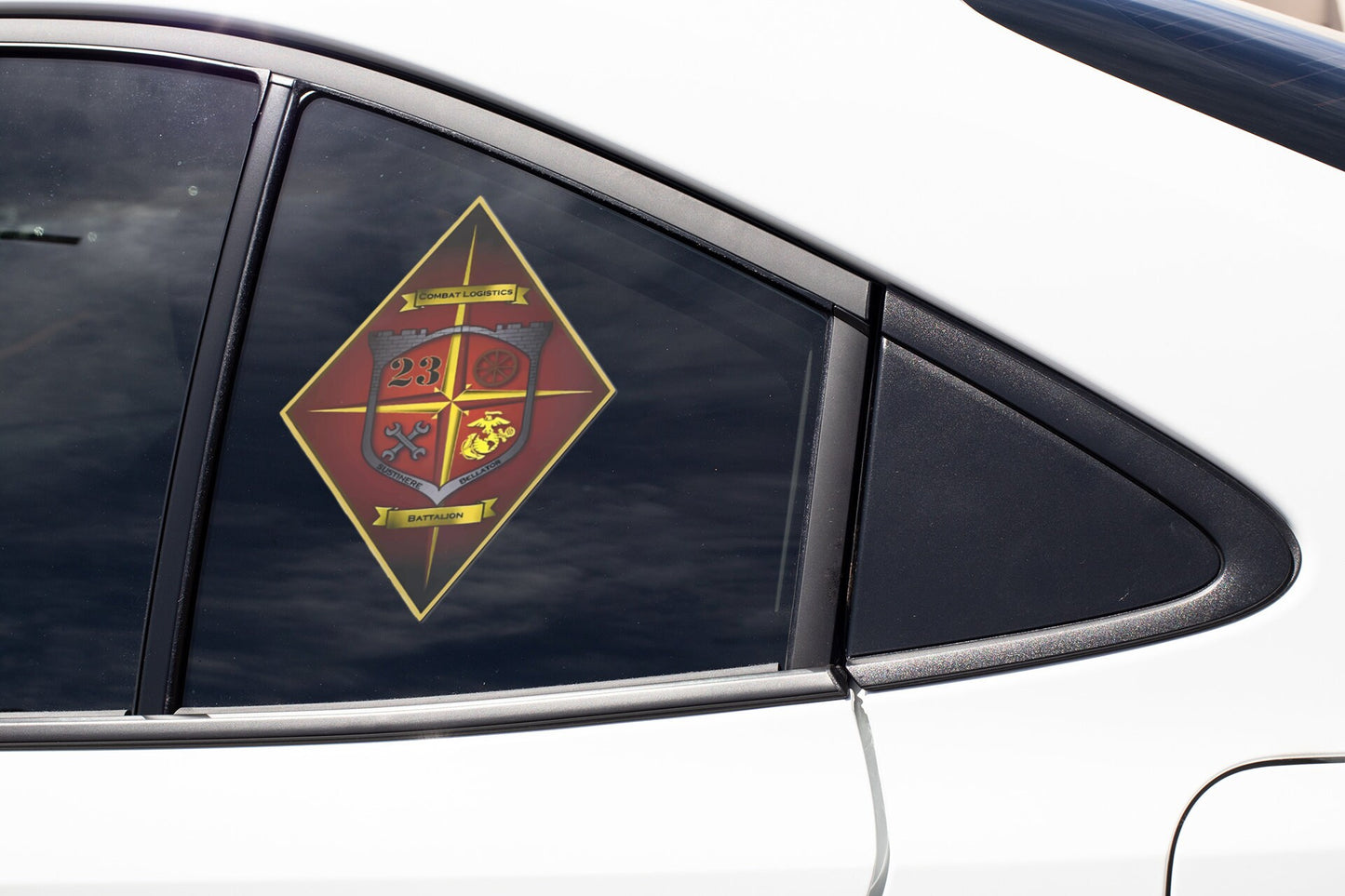 the side mirror of a car with a crest on it