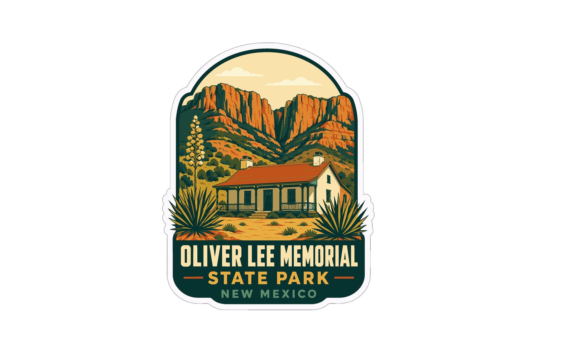 a sticker or emblem with a house and mountains in the background, representing the Oliver Lee Memorial State Park in New Mexico.