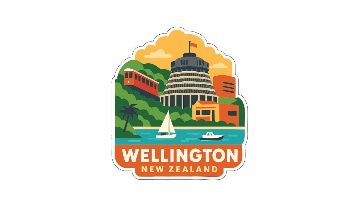 A colorful sticker depicting the iconic Wellington, New Zealand, with various landmarks and elements such as a train, a castle, a sailboat, and a cityscape.