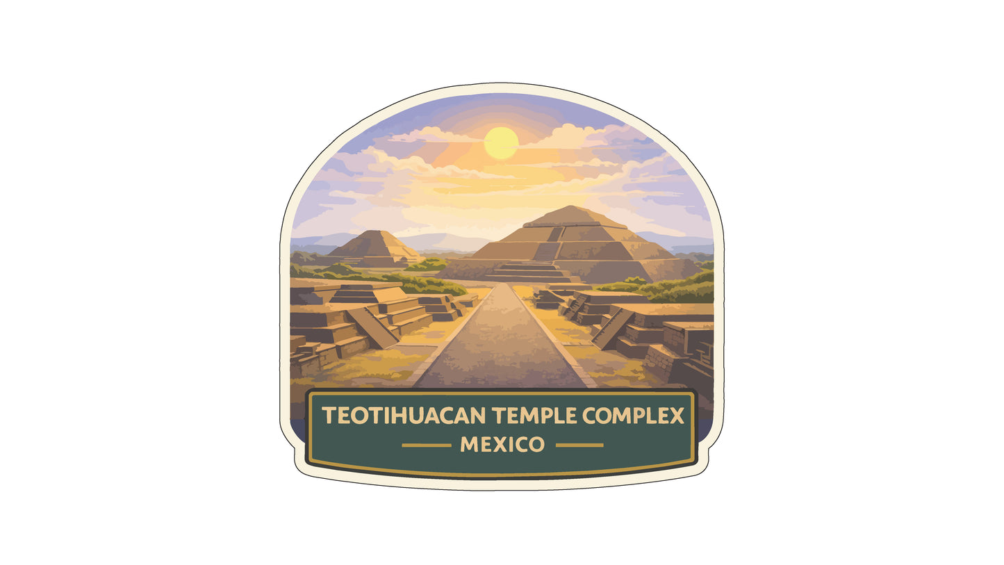 the Teotihuacan Temple Complex in Mexico, featuring the Pyramid of the Sun and the Pyramid of the Moon against a backdrop of a sunset sky.