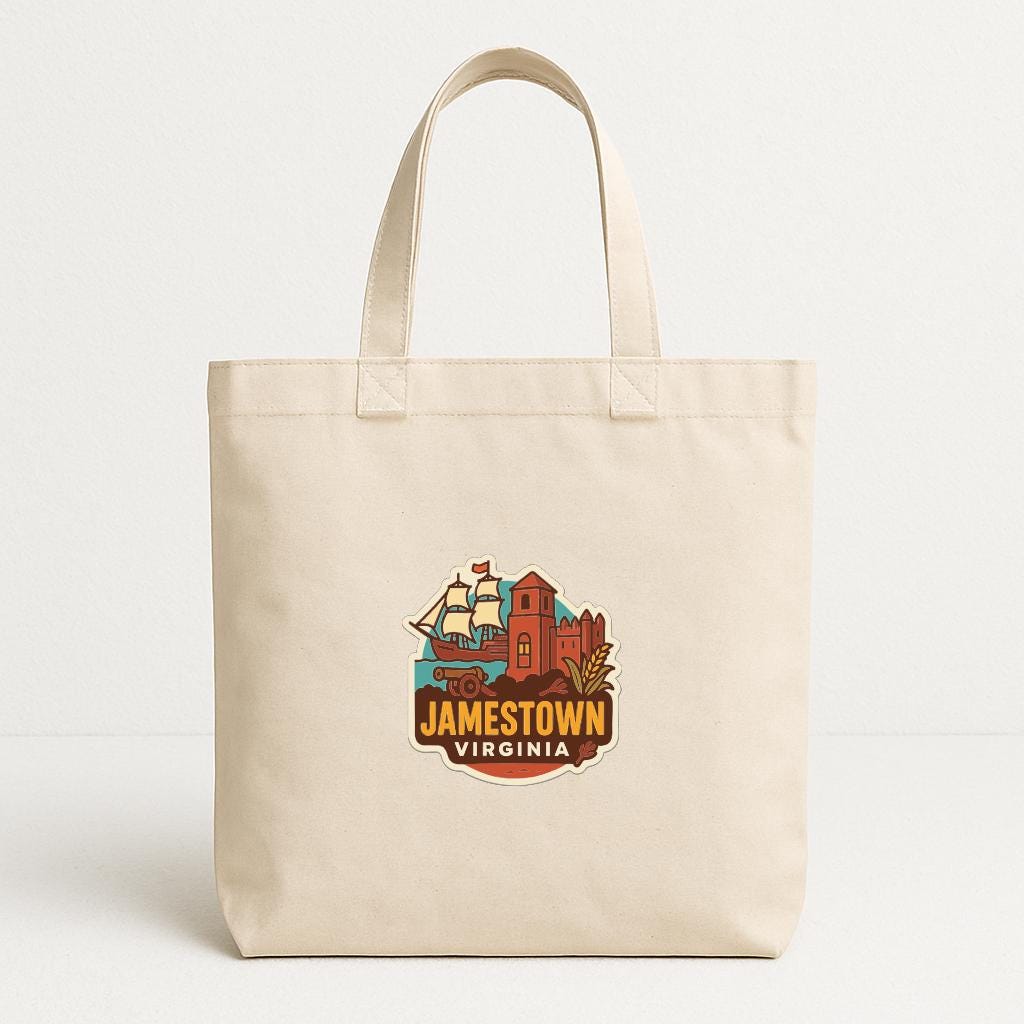 A beige tote bag with a printed design featuring a ship, buildings, and text that says "JAMESTOWN VIRGINIA".