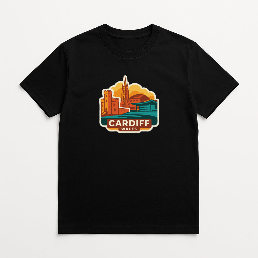 A black t-shirt with a graphic design depicting a city skyline and the text "CARDIFF WALES" printed on it.