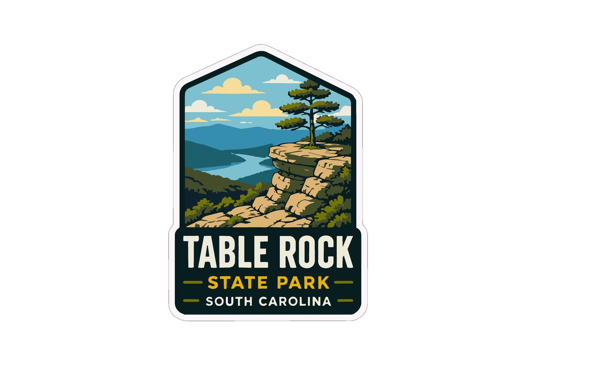 A sticker or logo depicting a scenic landscape with a rocky cliff, trees, and a river, with the text "TABLE ROCK STATE PARK SOUTH CAROLINA" prominently displayed.