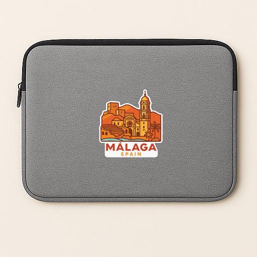 a gray laptop sleeve with a graphic of a cityscape and the text "MALAGA, SPAN" printed on it.