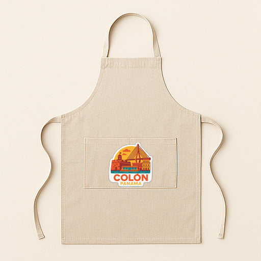 A beige apricot with a colorful graphic of a city skyline and the text "COLON PANAMA" printed on it.