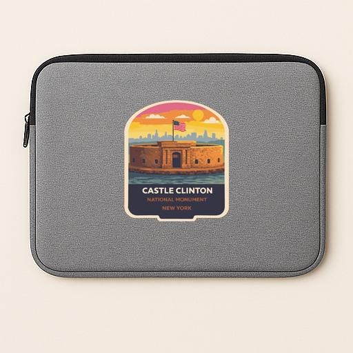 A gray laptop sleeve with a sticker depicting the Castle Clinton National Monument in New York.