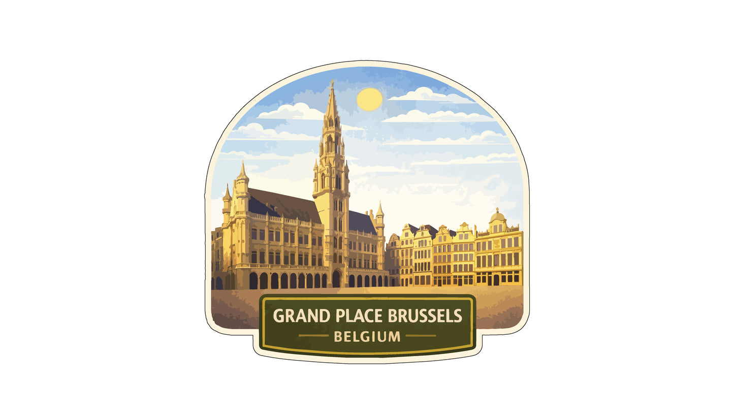 a large, ornate building with a tall spire, surrounded by other buildings, likely representing the Grand Place in Brussels, Belgium.