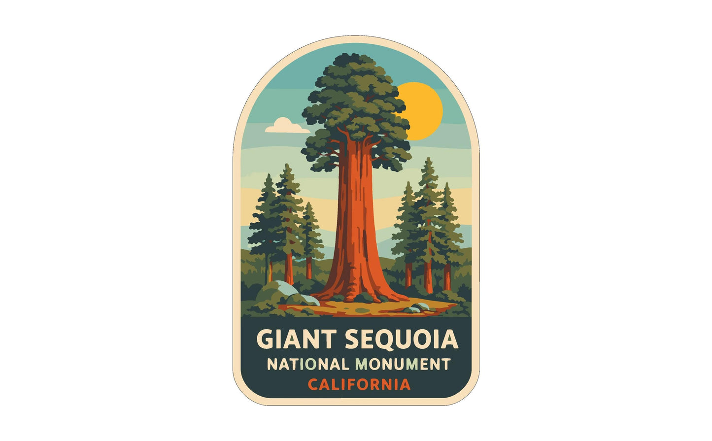 a large, red tree with a yellow sun in the background, surrounded by pine trees and a landscape with mountains.