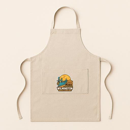 A beige apricot with a graphic design on the front pocket, featuring a city skyline and the text "Wilmington".