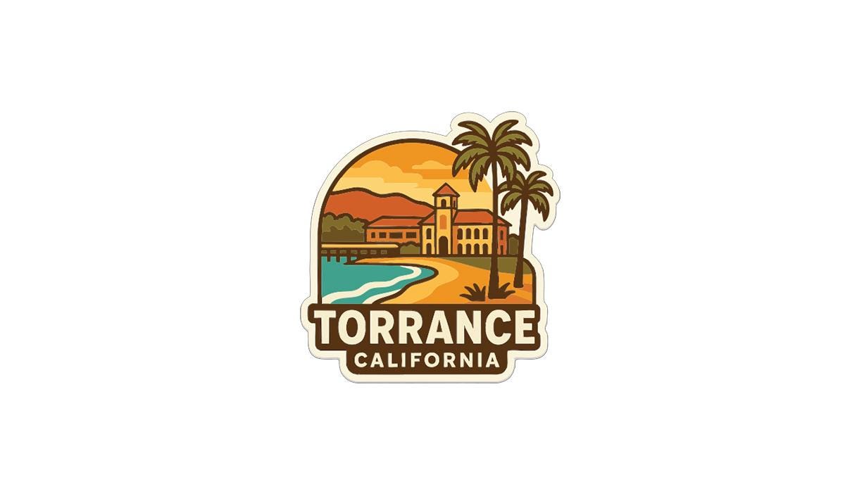 A stylized illustration of Torrance, California, featuring a beach, palm trees, and a building with a tower.