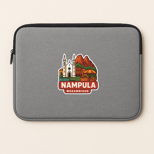 a gray laptop sleeve with a colorful sticker depicting the city of Nampula, Mozambique.