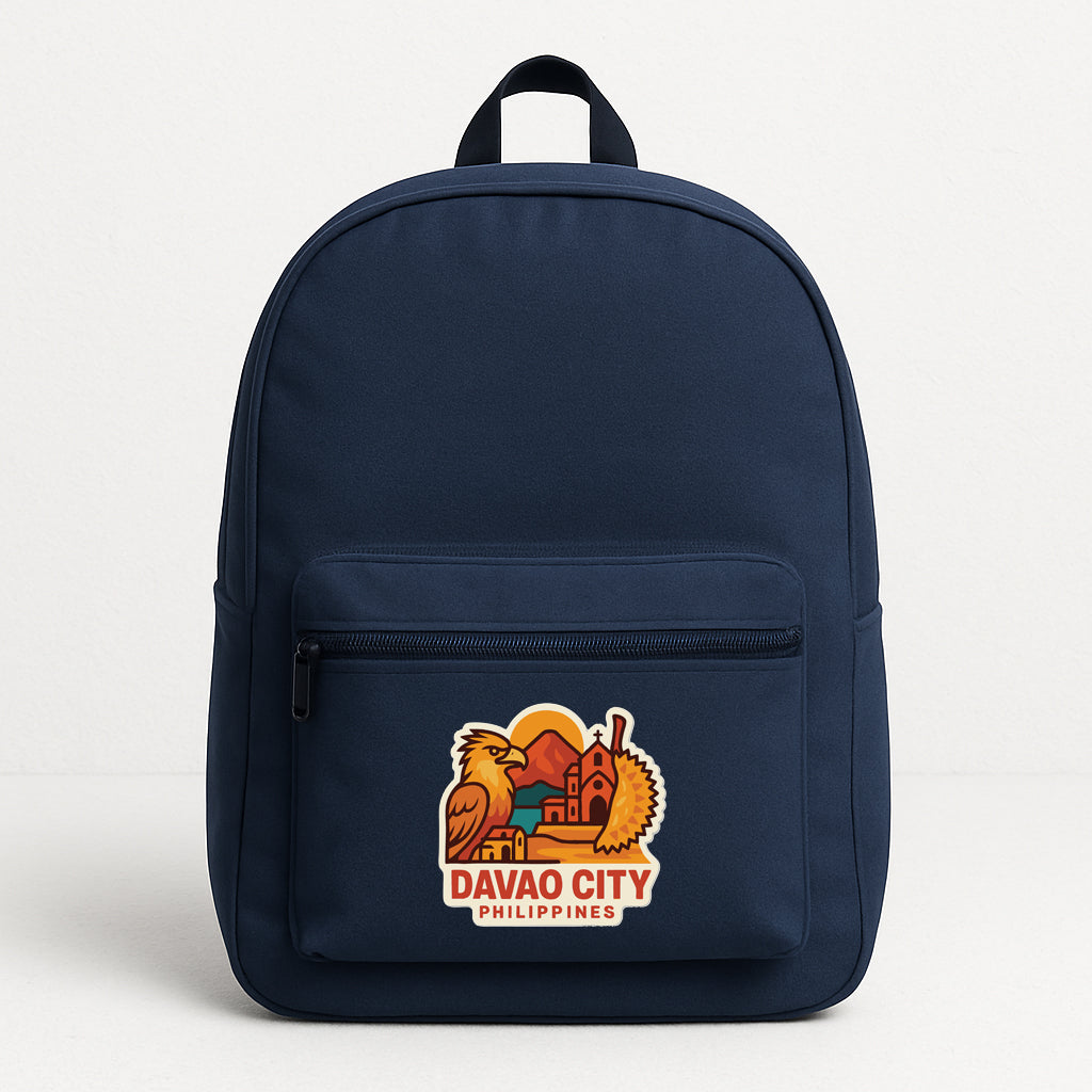 A navy blue backpack with a graphic of Davao City, Philippines, printed on it.