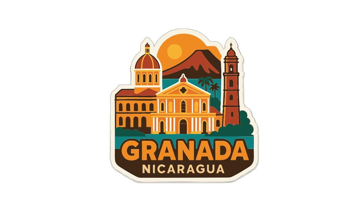 A sticker or emblem featuring the city of Granada, Nicaragua, with various landmarks and buildings depicted in a stylized manner.