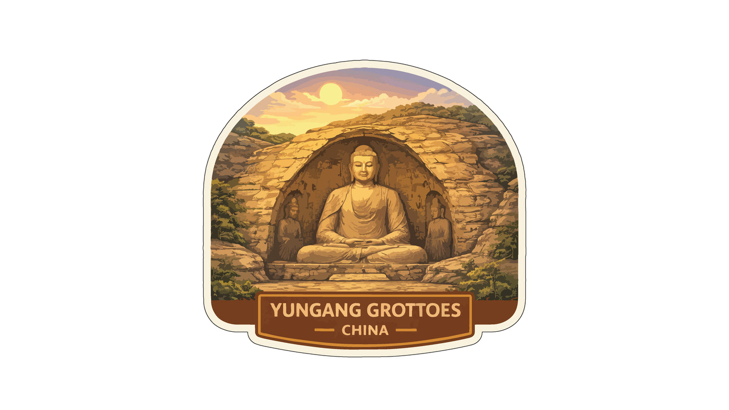 A large Buddha statue sitting in a carved cave, surrounded by a scenic landscape with mountains and a sunset sky.