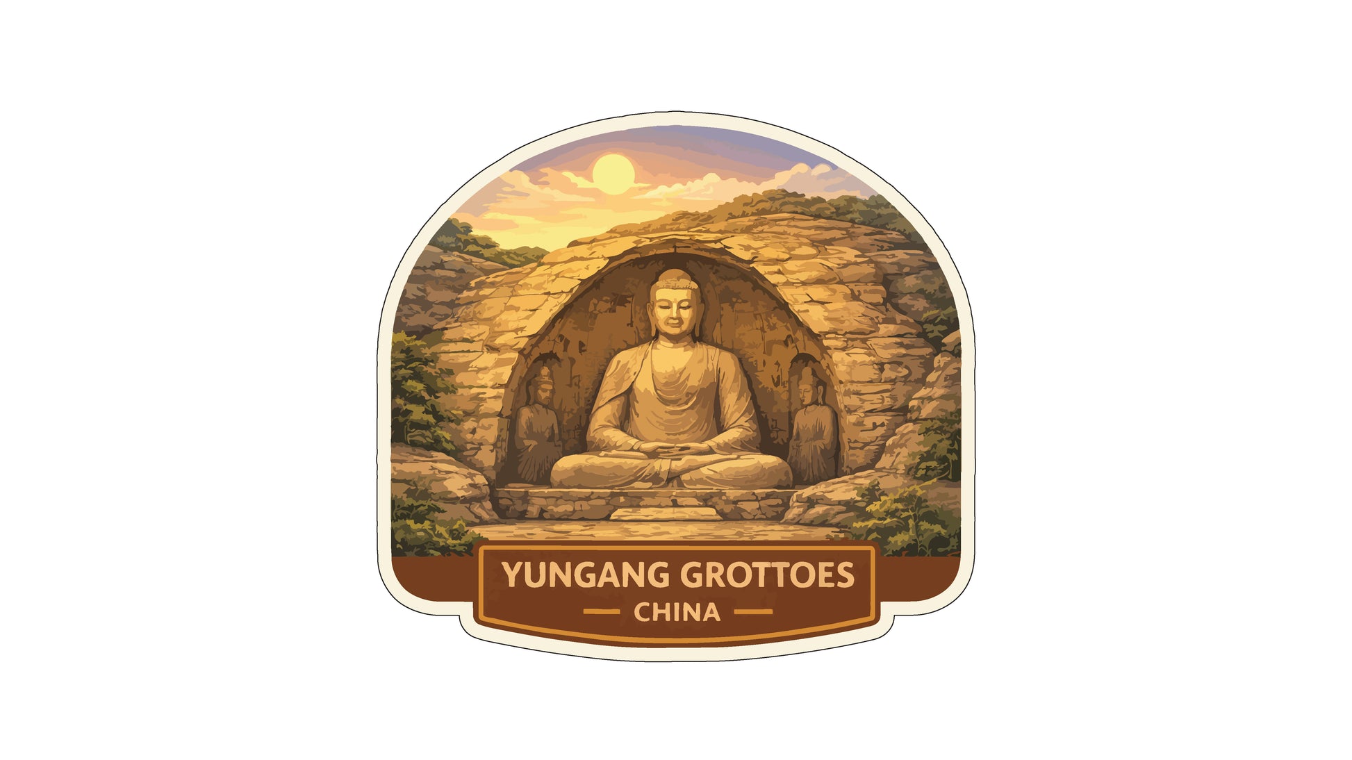 A large Buddha statue sitting in a carved cave, surrounded by a scenic landscape with mountains and a sunset sky.