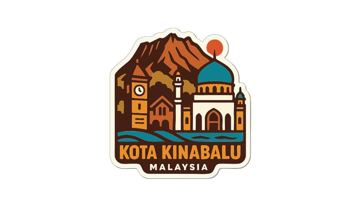 A sticker or emblem featuring the city of Kota Kinabalu, Malaysia, with a mountain in the background and various buildings and landmarks.